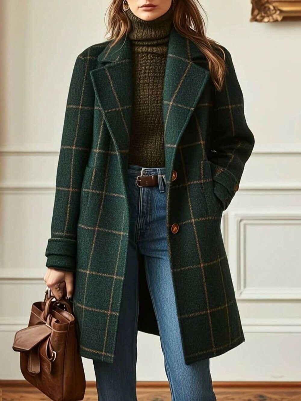 Dark Green Casual Women's Plaid Rib-Knit Single Breasted Regular Trench Coat